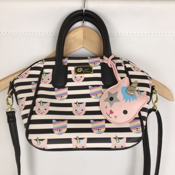 Luv Betsey Betsey Johnson Unicorn Cat Satchel Purse Bag Black White Stripe Small - Picture 3 of 13